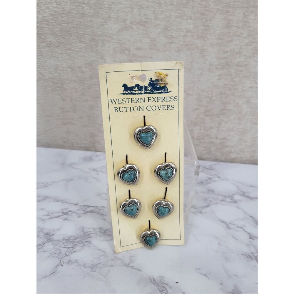Vintage Western Express Silver Toned Heart Faux Turquoise Button Covers 6 Pieces